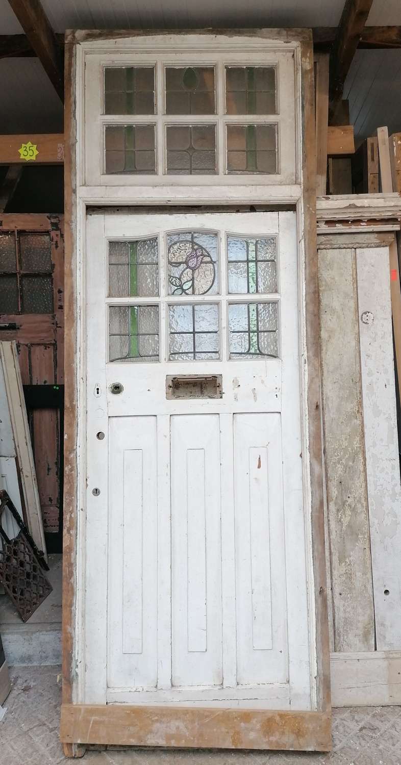DE0309 RECLAIMED EDWARDIAN PINE STAINED GLASS FRONT DOOR & FRAME