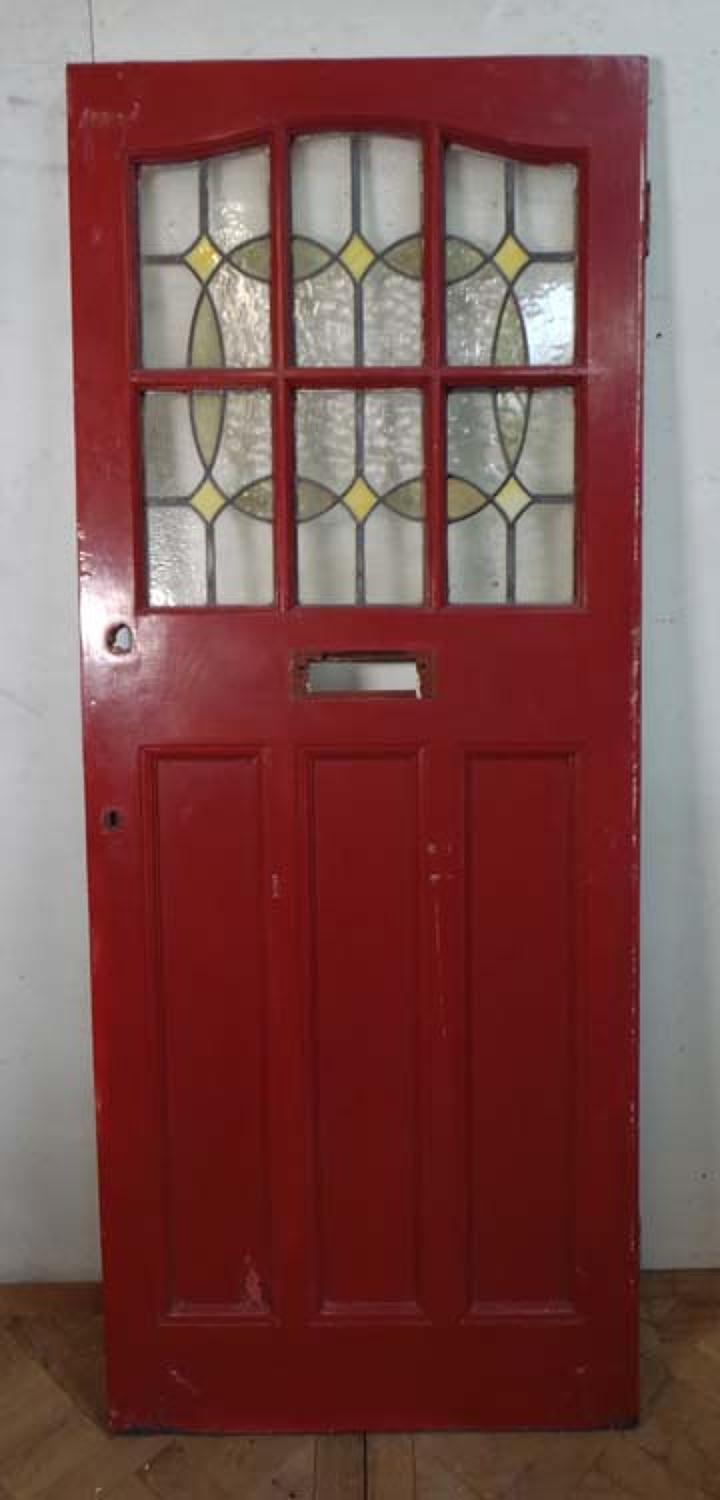 DE0592 LOVELY EDWARDIAN PANELLED PINE STAINED GLASS DOOR