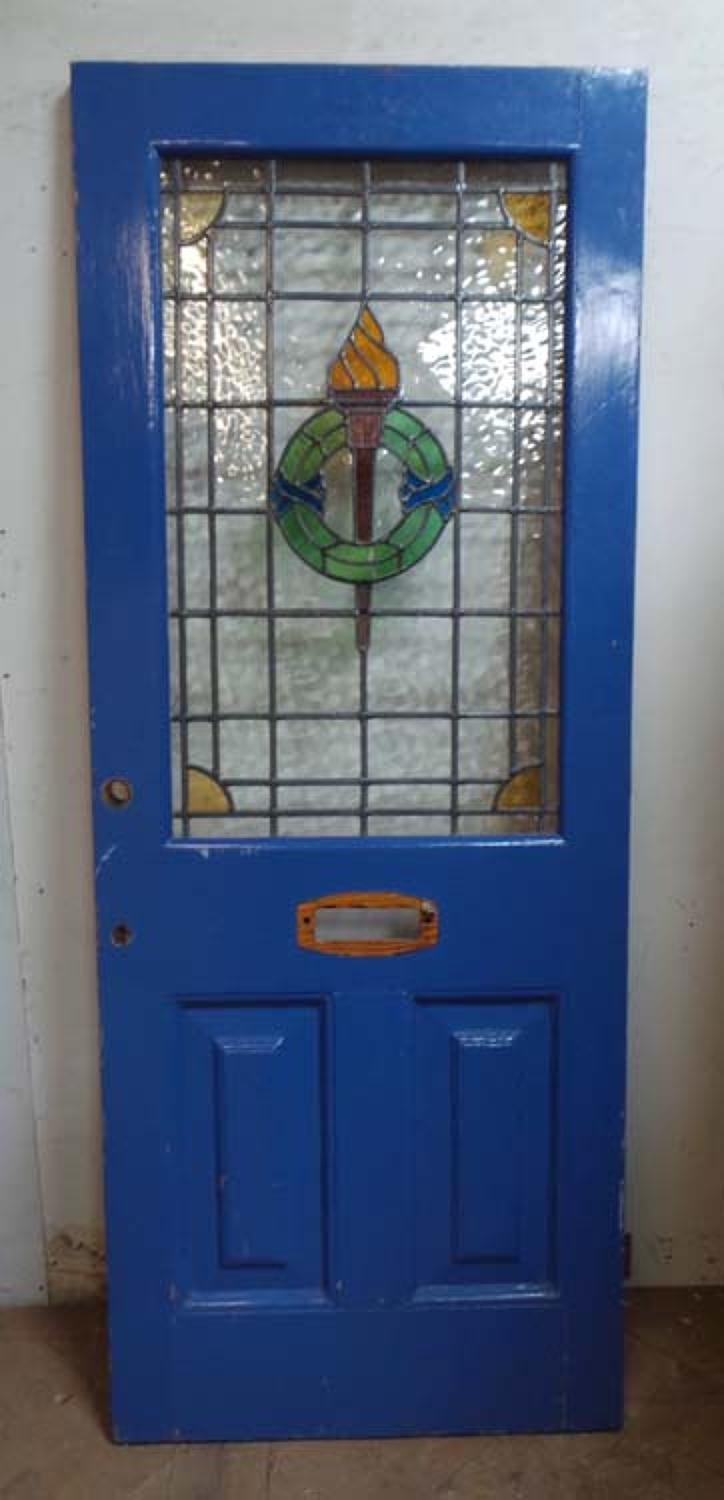 DE0628 LOVELY VICTORIAN PANELLED PINE STAINED GLASS DOOR
