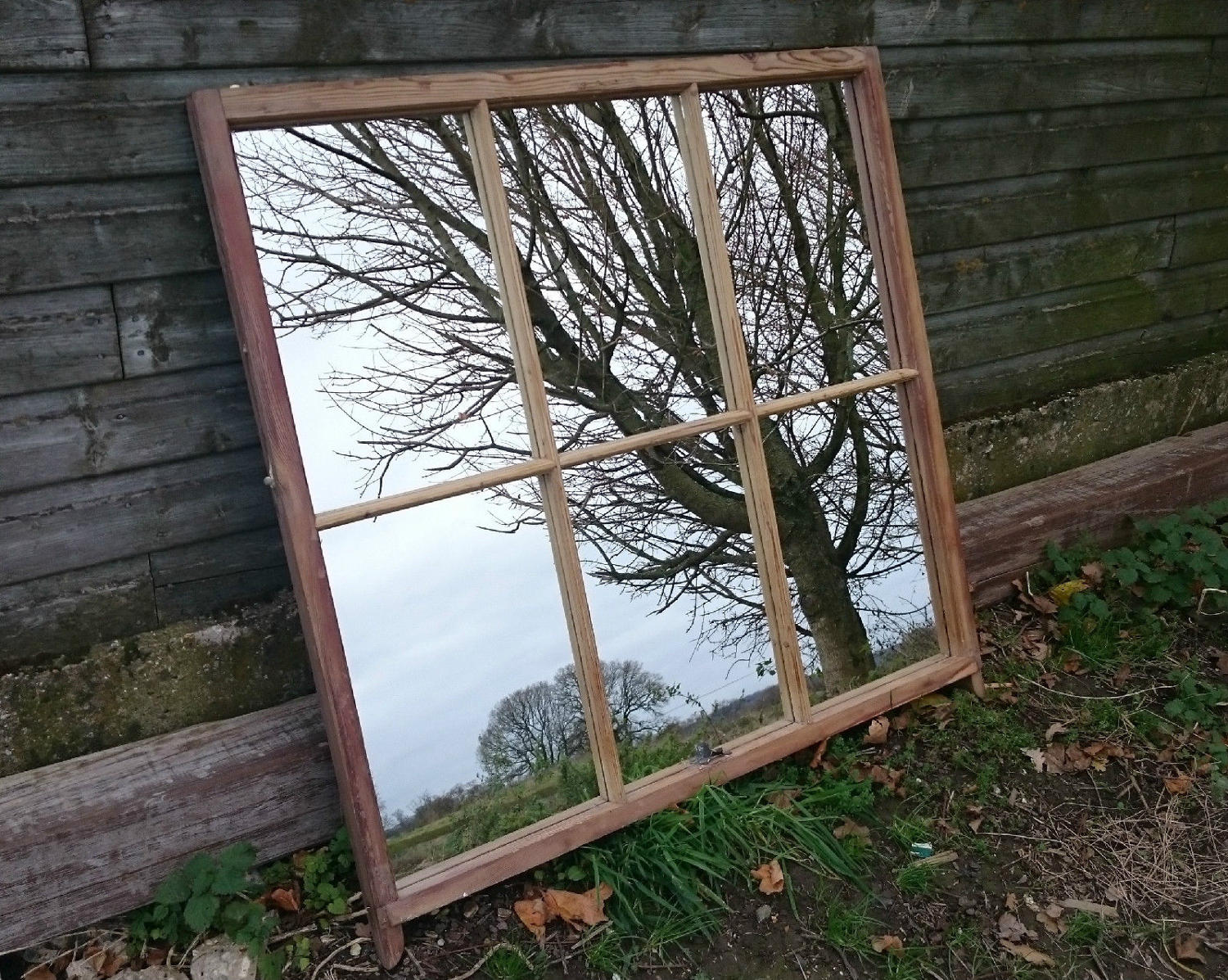 A Large Reclaimed Pine Sash Window Mirror Rustic Upcycled ref 892
