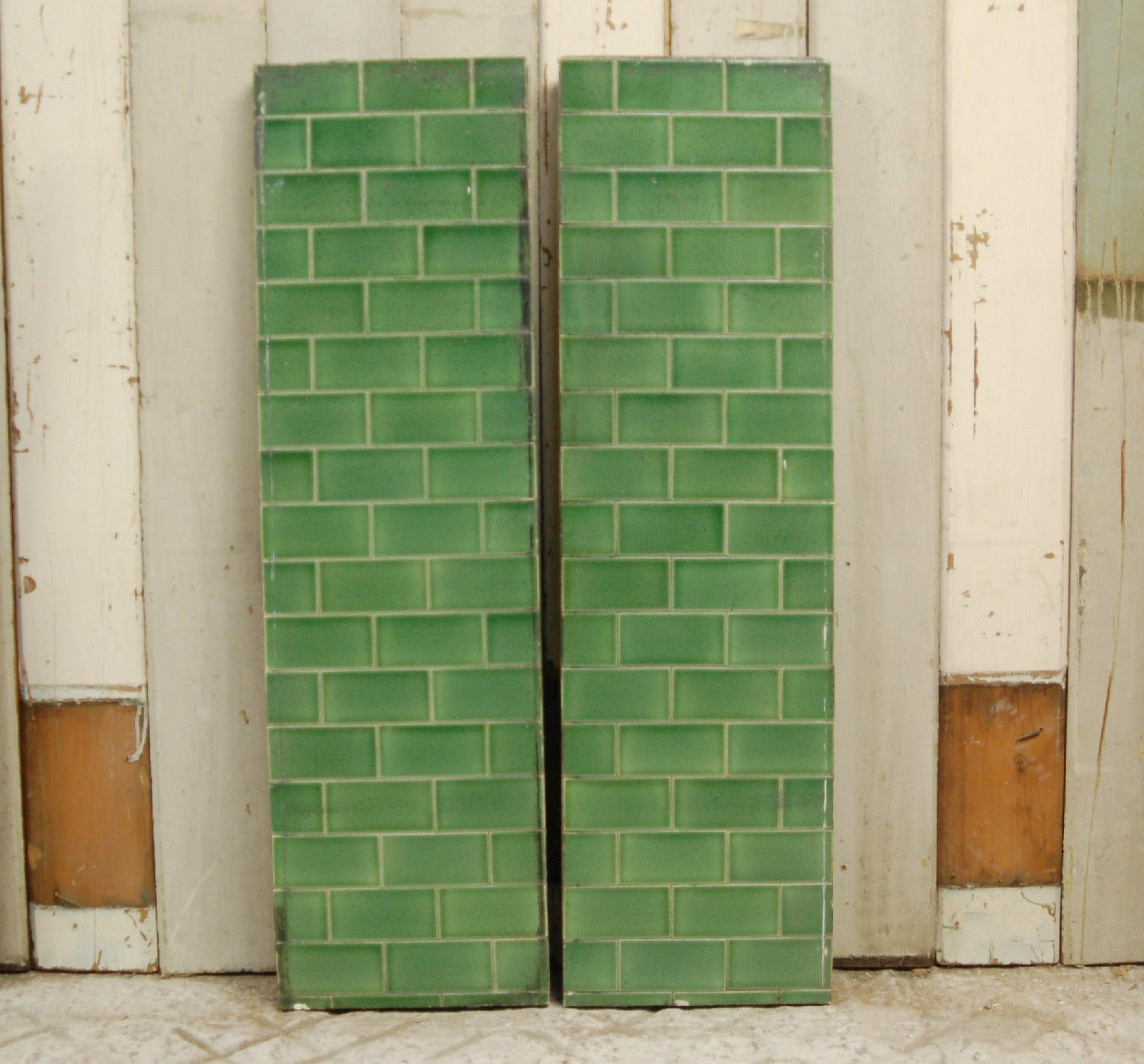 FX0003 Two Heavy Green Metro Style Fire Tile Panels Concrete Backed