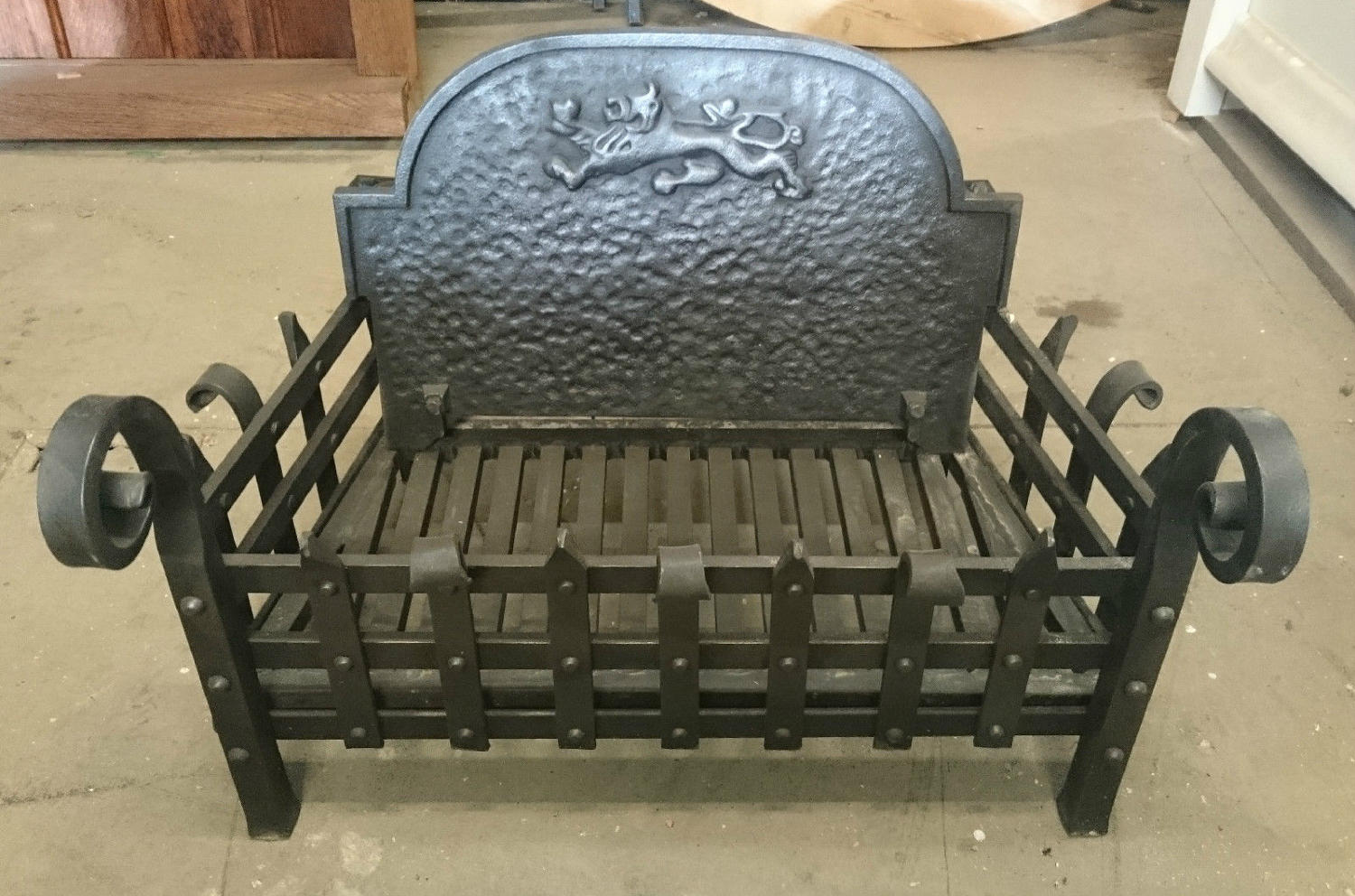 FB0020 A Large Reclaimed Hand Forged Cast Iron Fire Basket and Back
