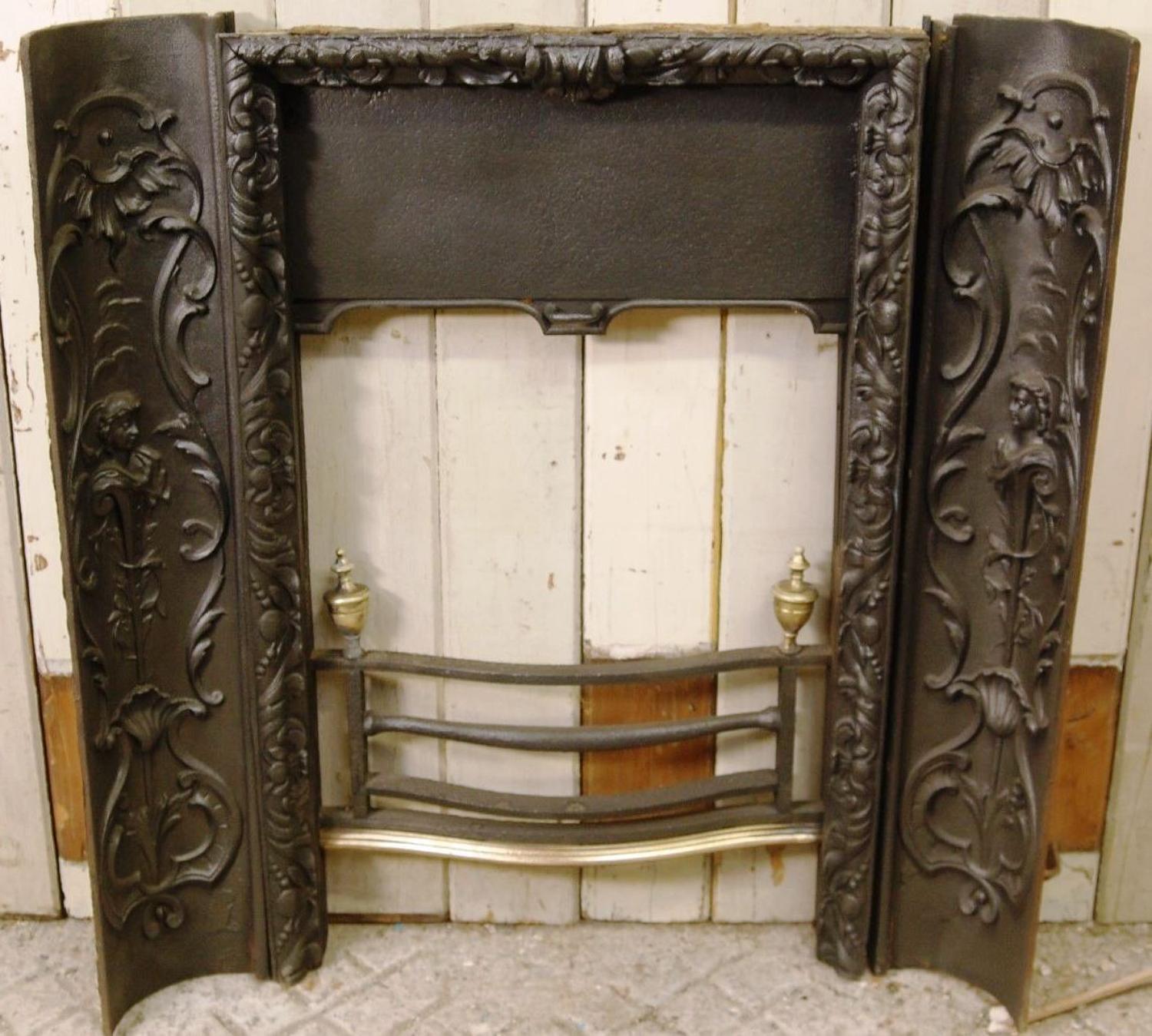 Decorative Georgian Cast Iron Fire Front and Decorative Cheeks