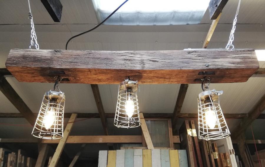 M1183 AN INDUSTRIAL HANGING CAGE AND OAK BEAM CEILING LIGHT