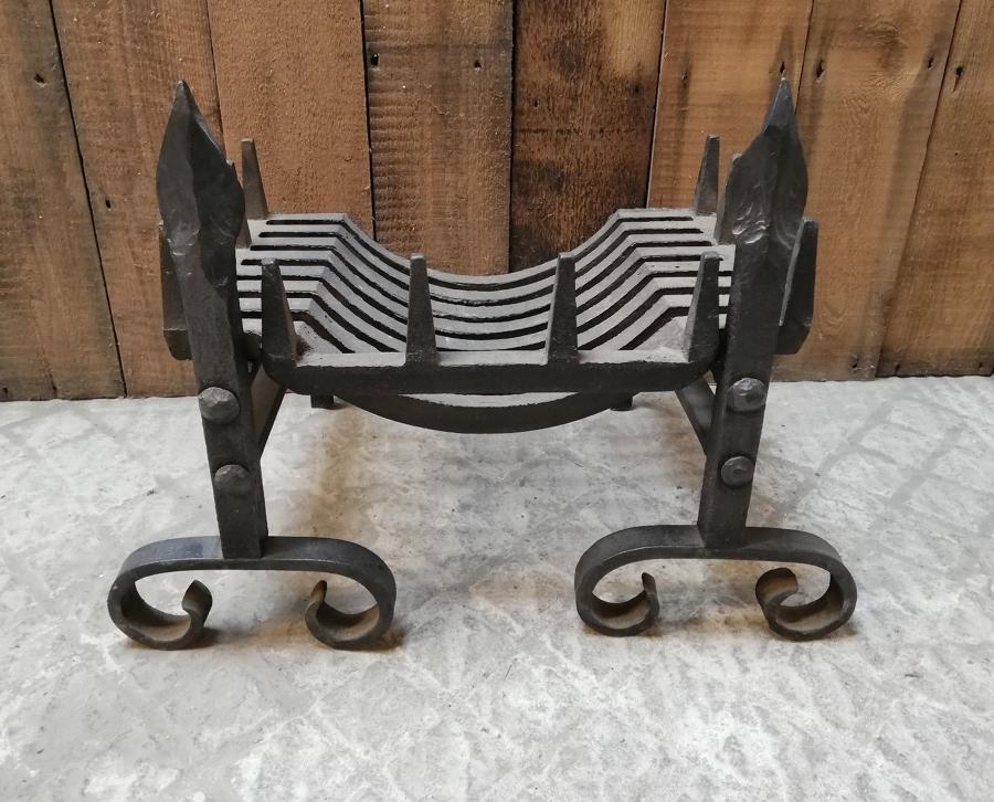 FB0020 A RECLAIMED CAST IRON SWANS NEST FIRE BASKET AND FIRE DOGS