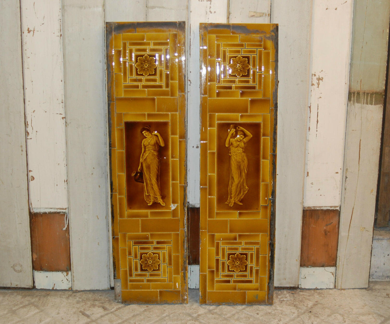 FX0007 PAIR OF ANTIQUE FIREPLACE TILE PANELS SHERWIN AND COTTON