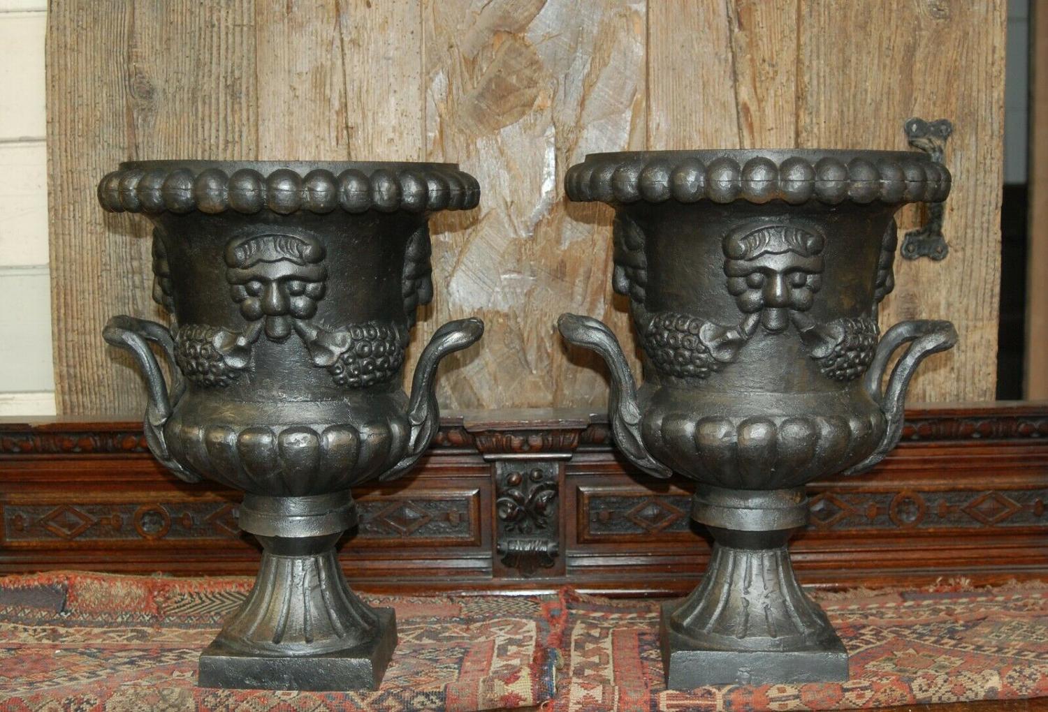M1280 PAIR OF RECLAIMED MODERN CAST IRON URNS FOR INDOOR USE