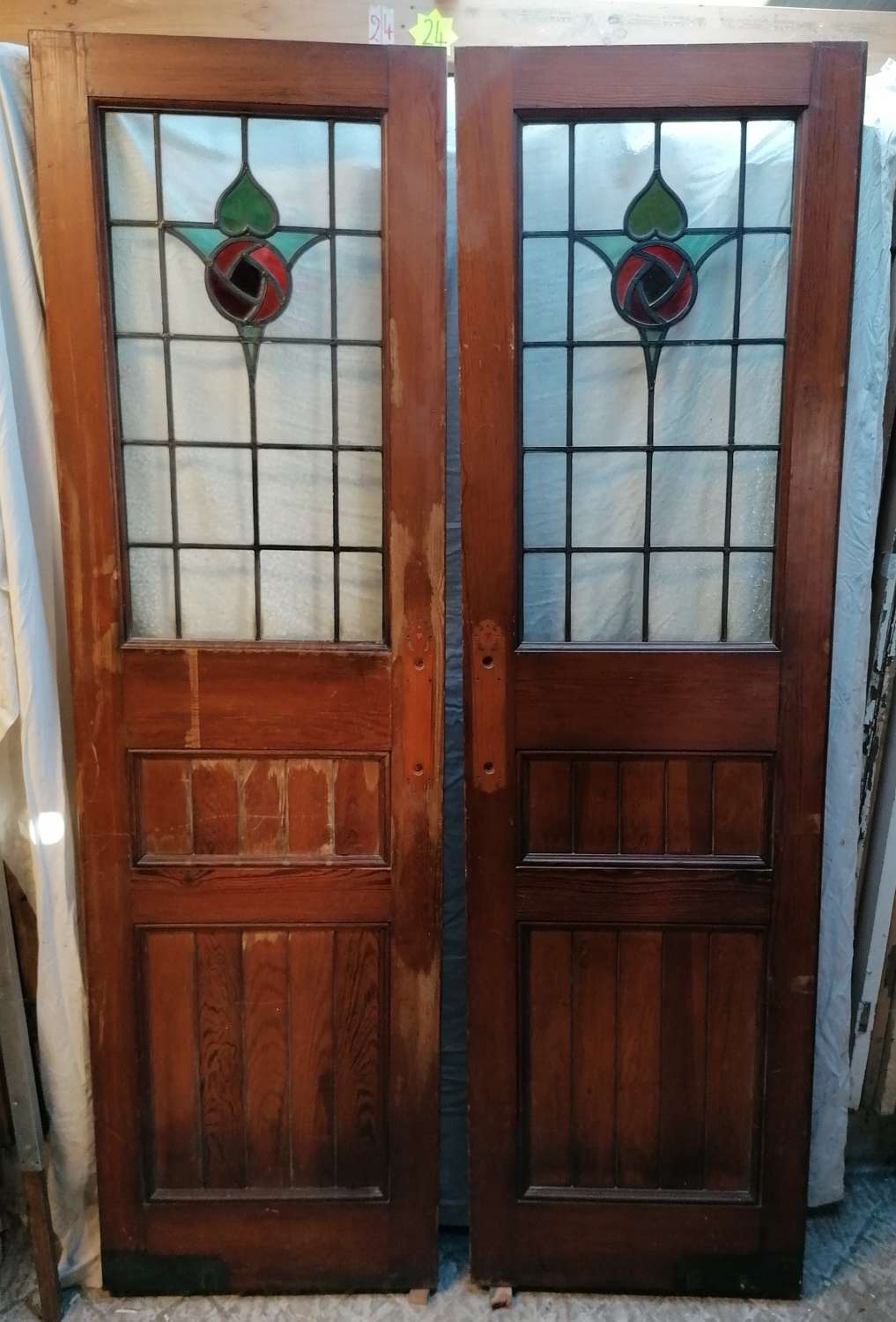 DP0270 PAIR OF RECLAIMED PITCH PINE STAINED GLASS INTERNAL DOORS
