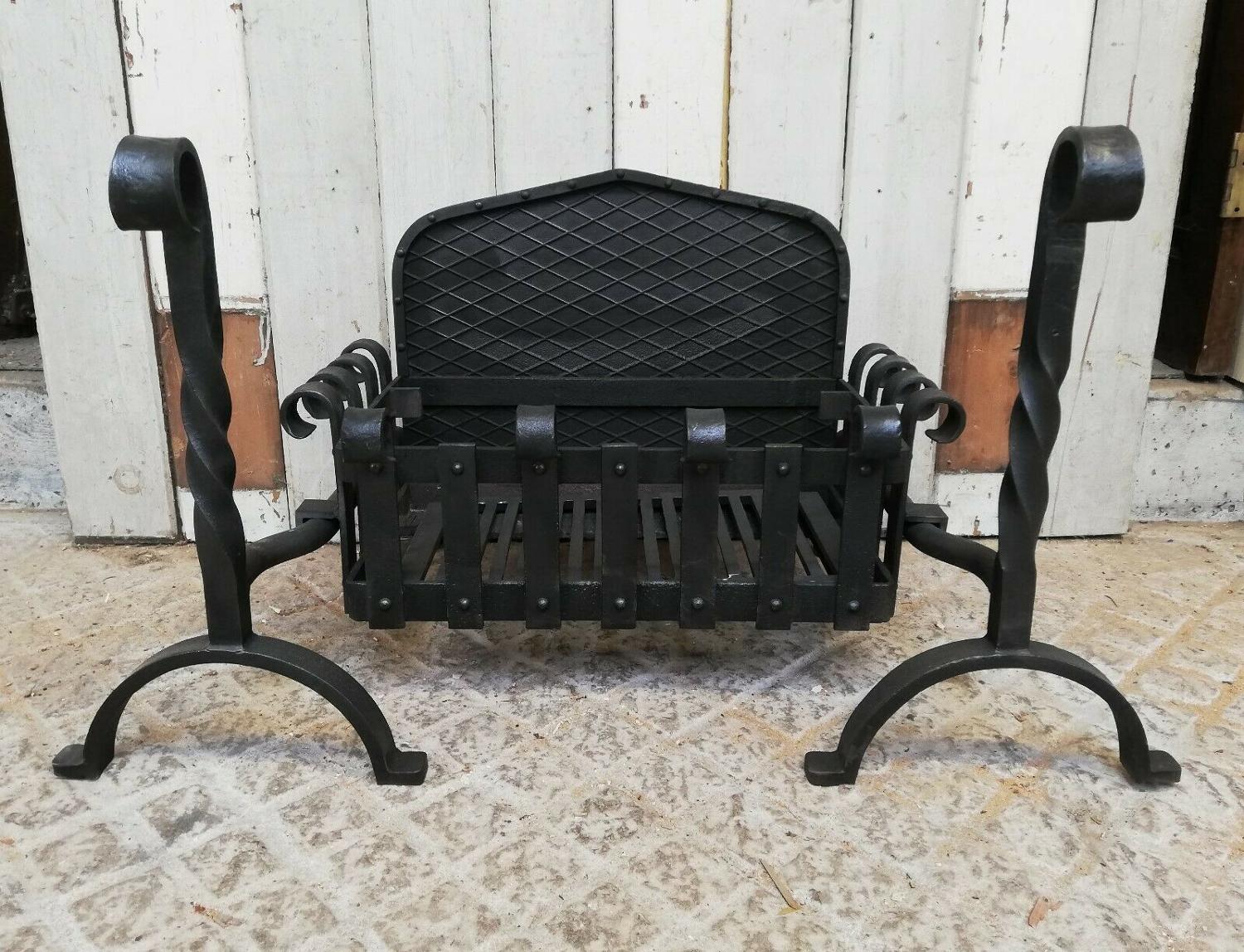FB0045 RECLAIMED CAST IRON FIRE BASKET, FIRE BACK AND FIRE DOGS