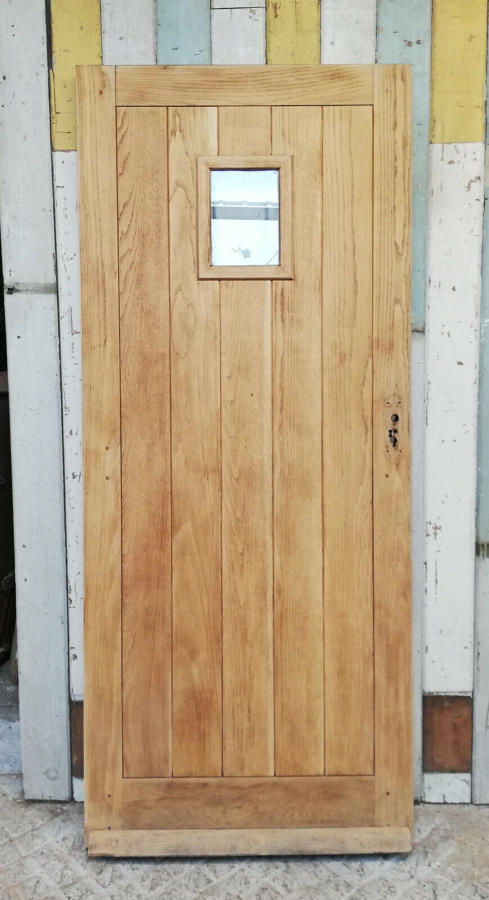 DE0815  MODERN RECLAIMED BARE OAK FRONT DOOR WITH GLAZED PANEL