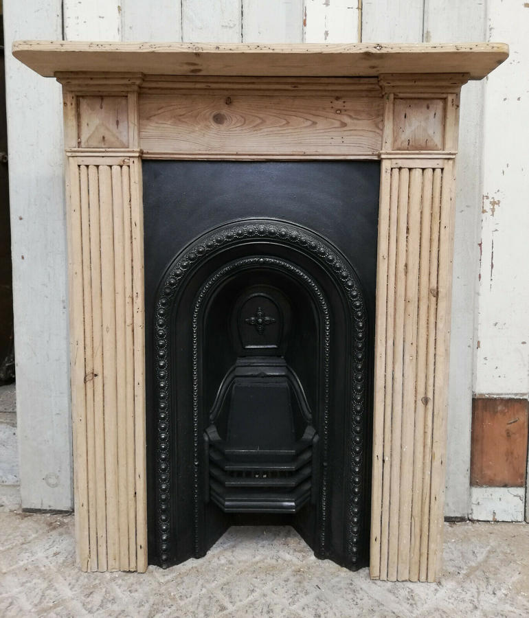 FC0057 PRETTY VICTORIAN FIRE INSERT AND RECLAIMED PINE FIRE SURROUND