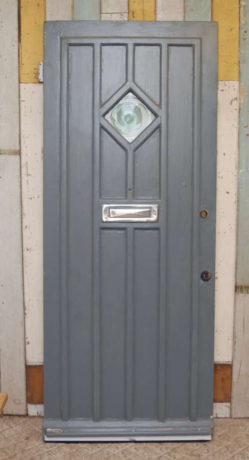 DE0857 A RECLAIMED PAINTED PINE COTTAGE DOOR WITH GLASS PANEL