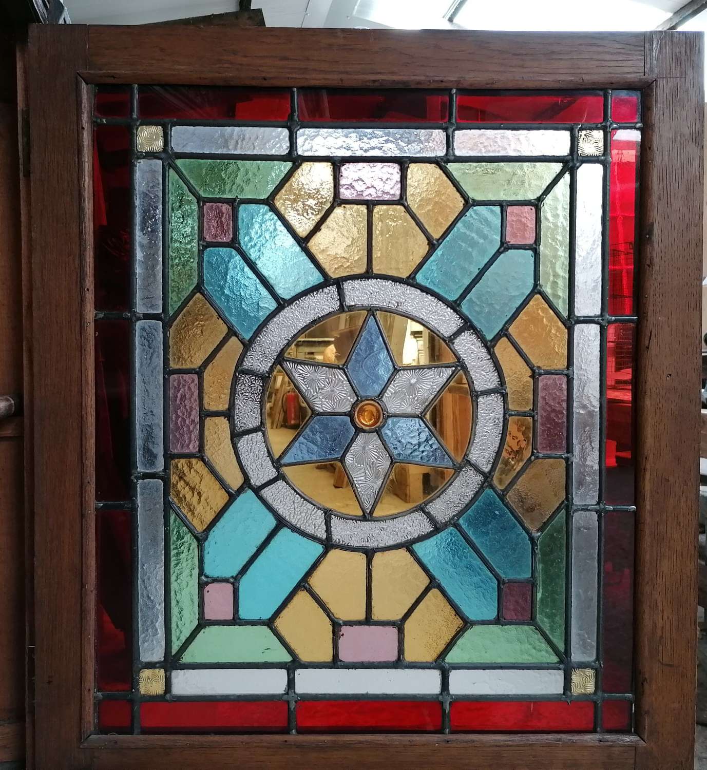 M1381 RECLAIMED ANTIQUE DUTCH OAK CUPBOARD WITH STAINED GLASS DOOR