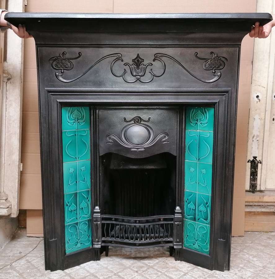 FC0094RECLAIMED ART NOUVEAU TILED COMBINATION FIRE WITH BRICK & STOOL