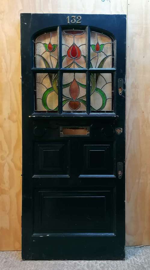 DE0884 LARGE EDWARDIAN PAINTED PINE STAINED GLASS FRONT DOOR