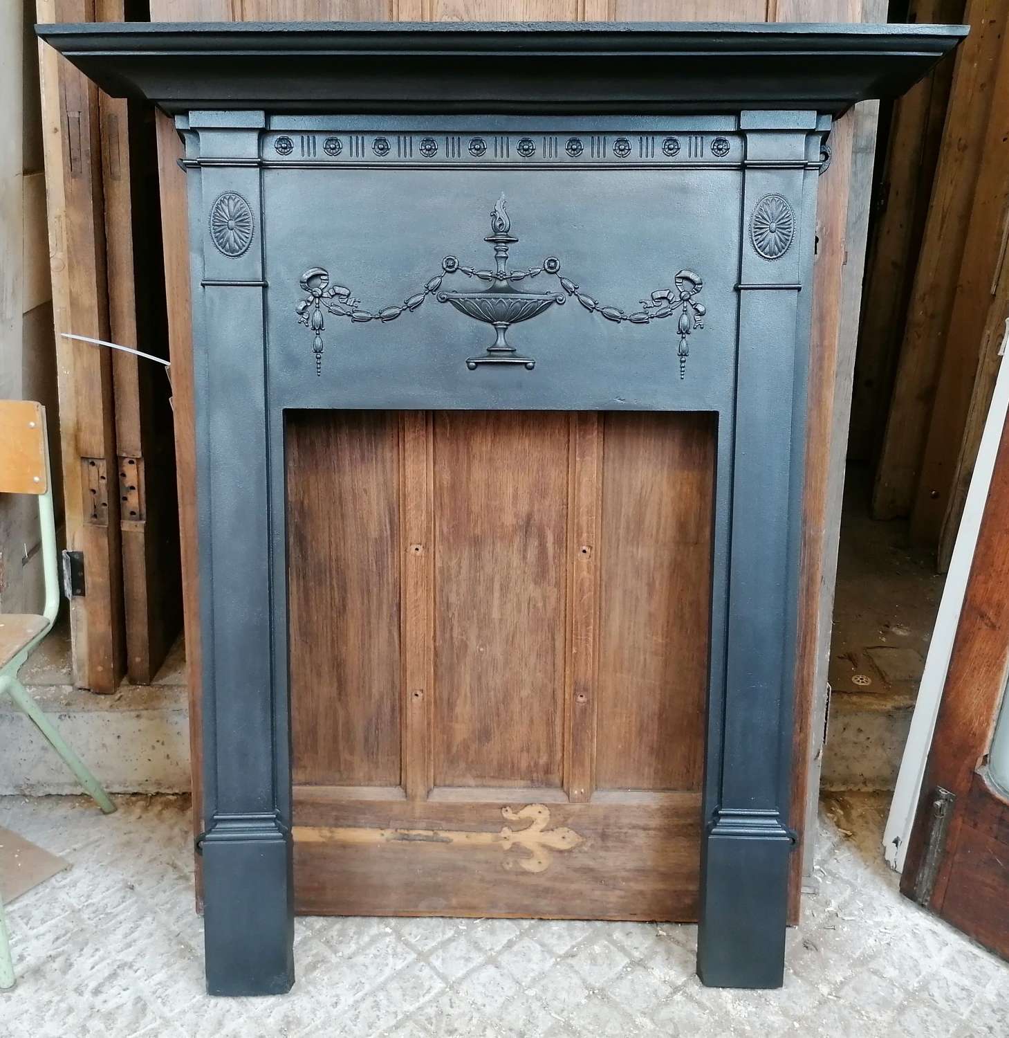 FS0149 RECLAIMED EDWARDIAN CAST IRON FIRE SURROUND FOR WOOD BURNER