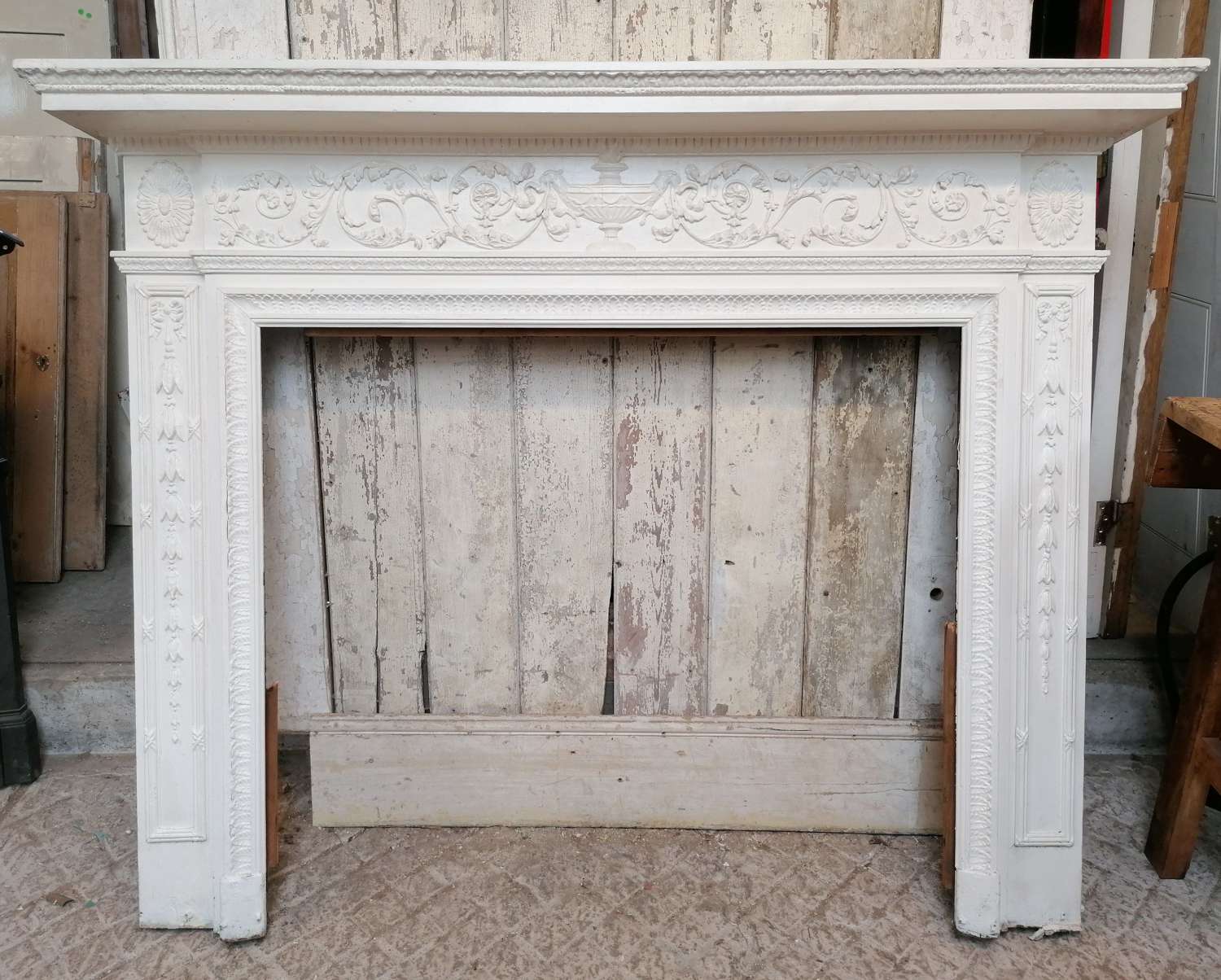 FS0156 A LARGE RECLAIMED ANTIQUE PINE AND GESSO FIRE SURROUND C.1900