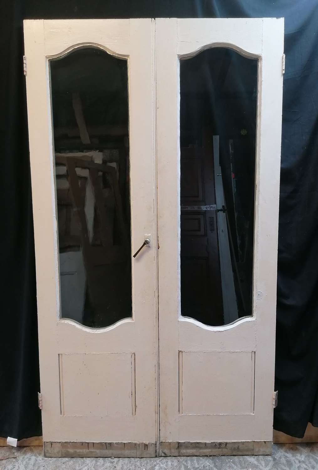 DP0337 A PAIR OF RECLAIMED VICTORIAN PAINTED PINE GLAZED FRENCH DOORS