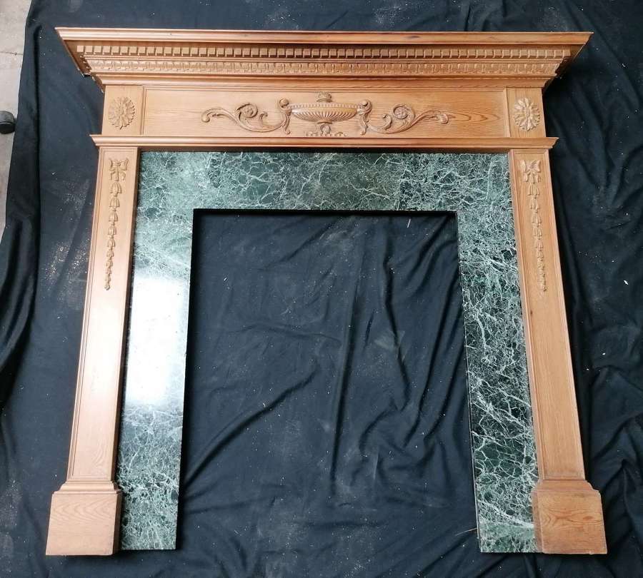 FS0164 A RECLAIMED PINE CARVED FIRE SURROUND WITH MARBLE SLIPS