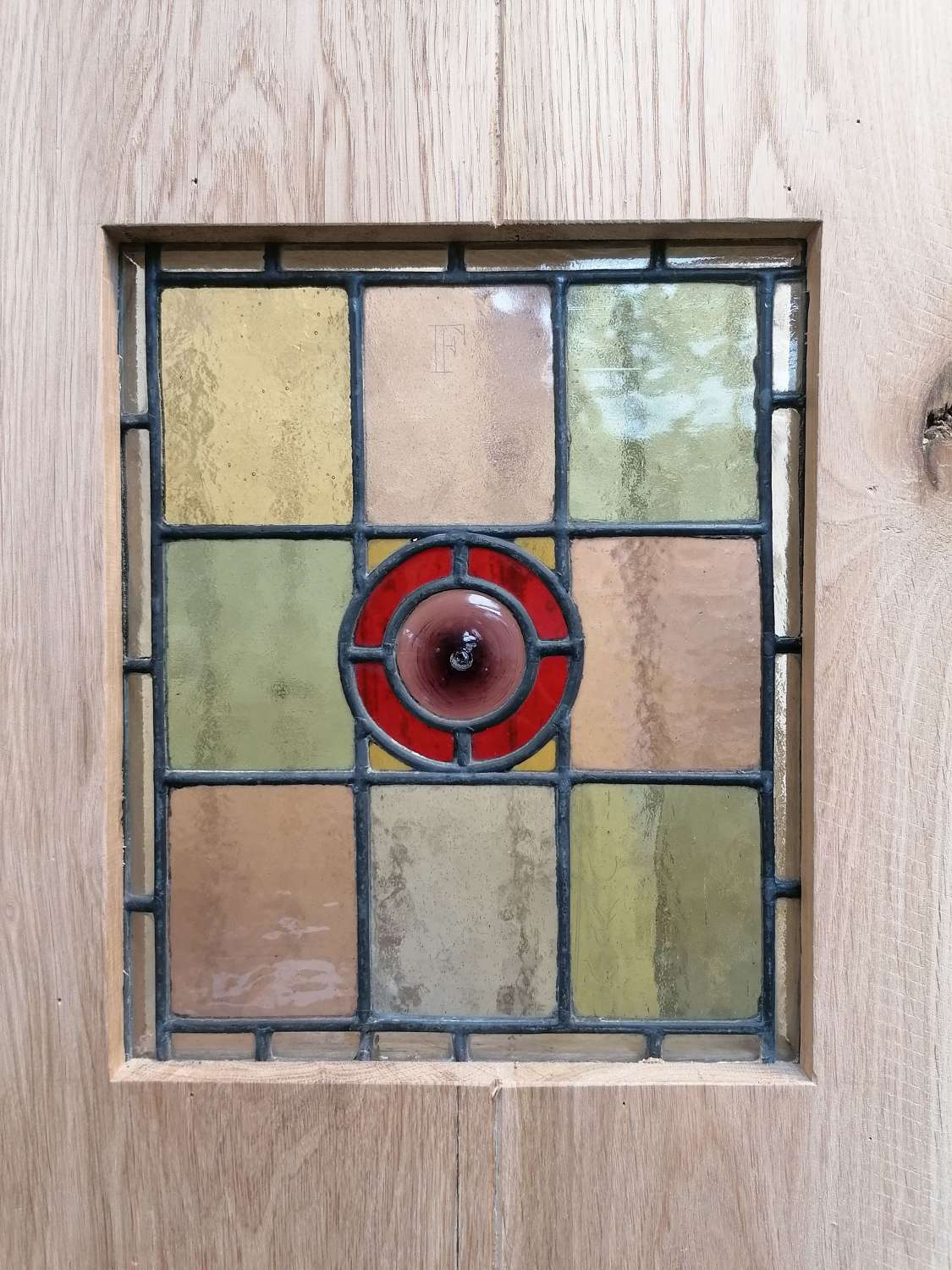 DI0763 A RECLAIMED OAK PLANK COTTAGE INTERNAL DOOR WITH STAINED GLASS
