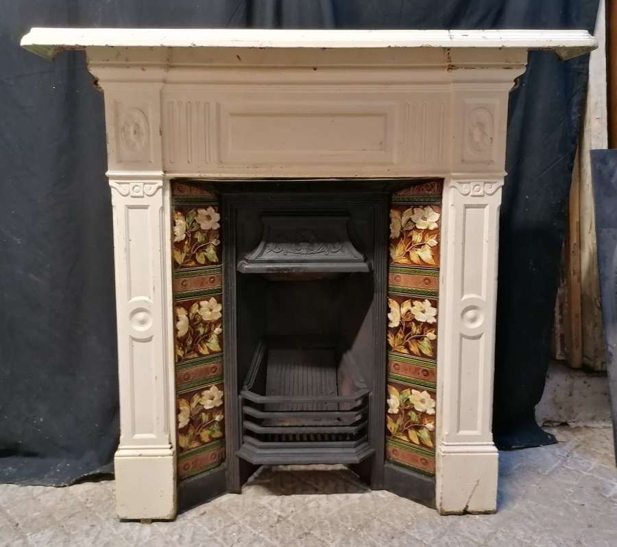 FC0144 LARGE TILED EDWARDIAN PAINTED CAST IRON COMBINATION FIRE