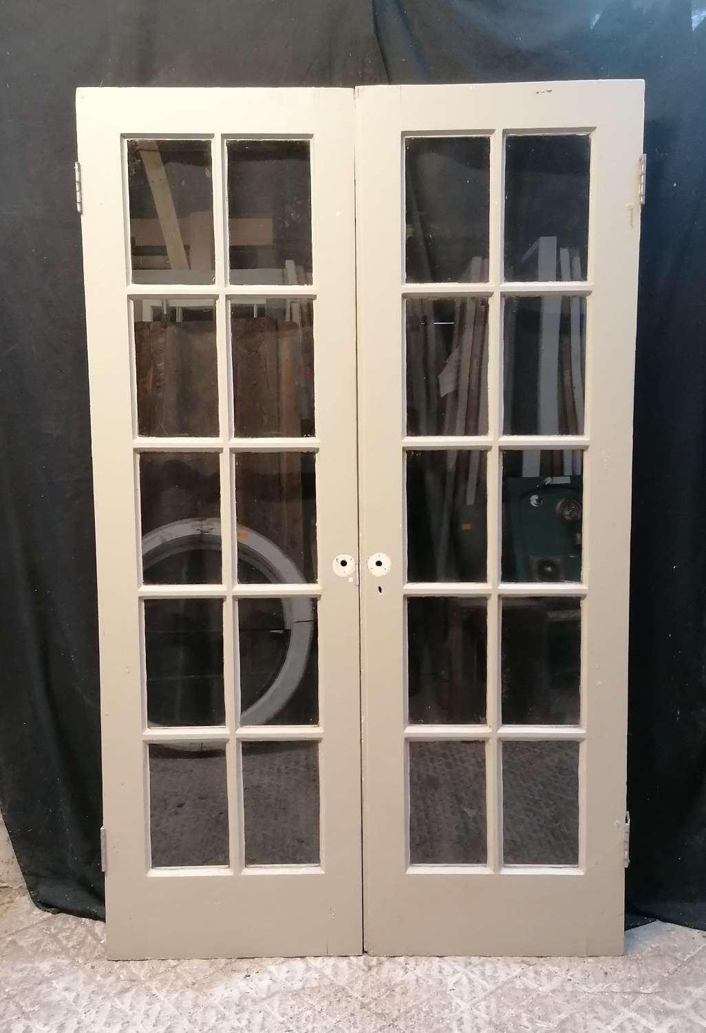 DP0352 A PAIR OF RECLAIMED INTERNAL GLAZED PAINTED PINE FRENCH DOORS