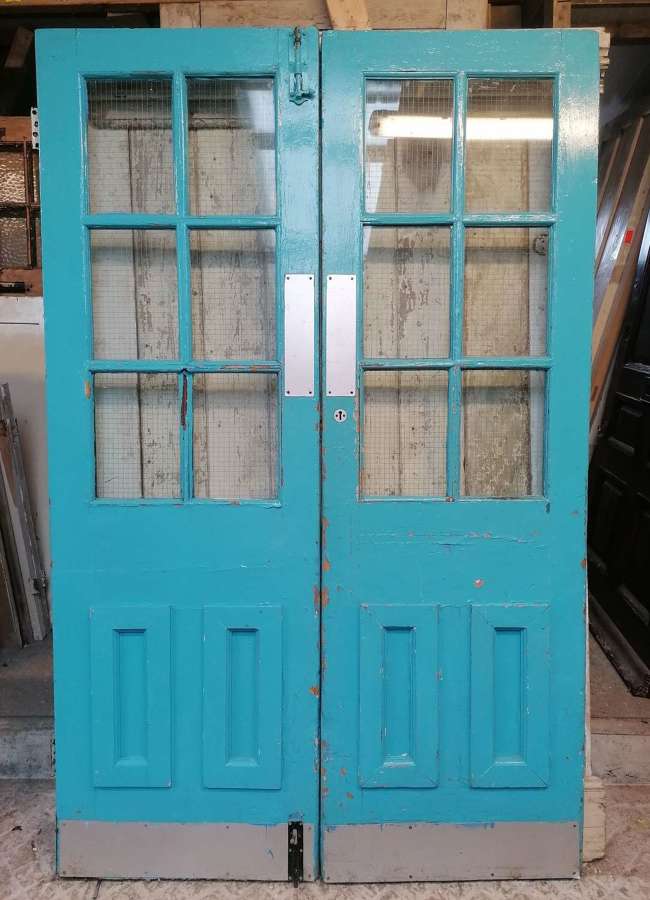 DP0355 PAIR RECLAIMED PAINTED PINE GLAZED DOORS FOR SOME RESTORATION