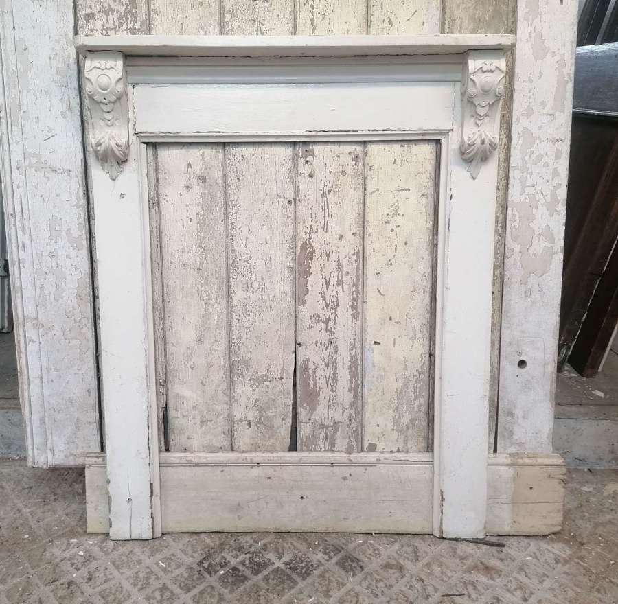 FS0189 AN ORIGINAL EARLY VICTORIAN PAINTED PINE FIRE SURROUND