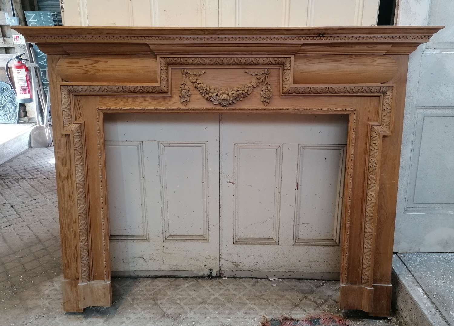 FS0191 RECLAIMED MID CENTURY LARGE HAND CARVED PINE FIRE SURROUND