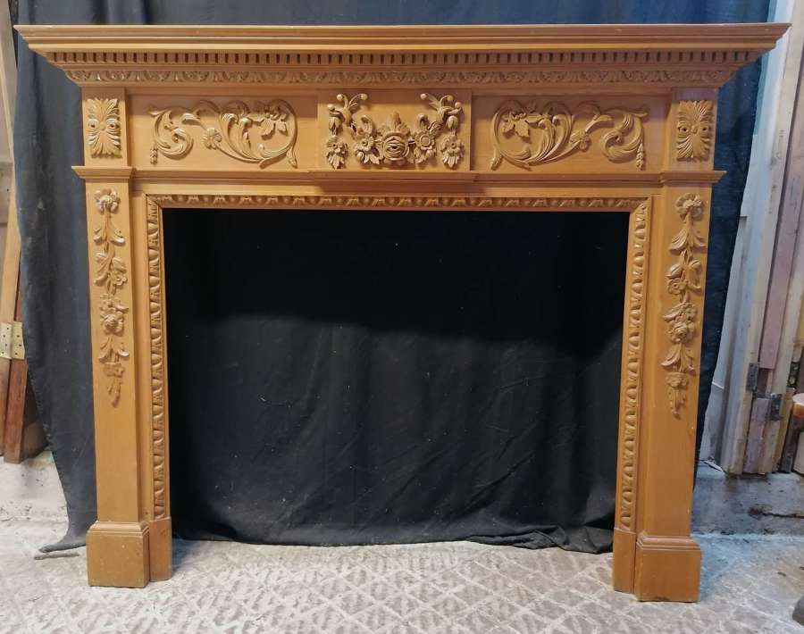 FS0196 RECLAIMED MID CENTURY LARGE CARVED PINE FIRE SURROUND