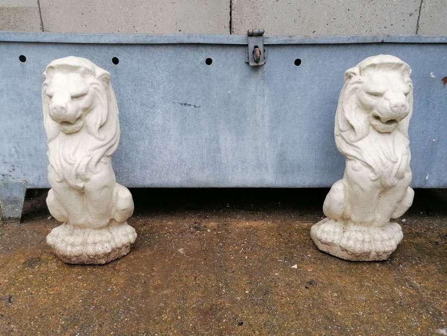 M1611 A PAIR OF RECLAIMED CAST STONE LIONS GARDEN / FRONT PORCH