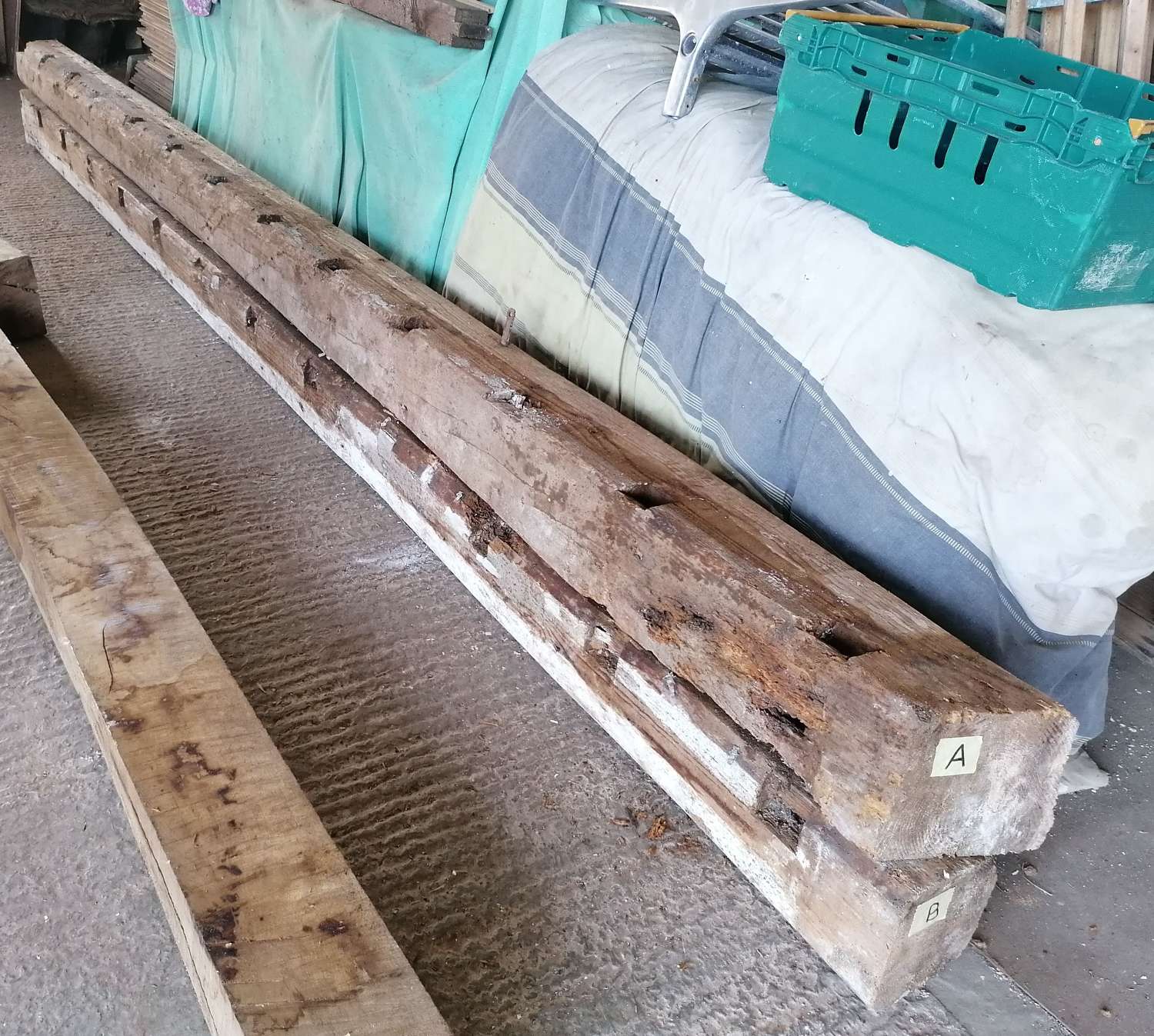 M1617 TWO VERY LARGE RECLAIMED RUSTIC PINE BEAMS 4.5M SOLD SEPERATELY