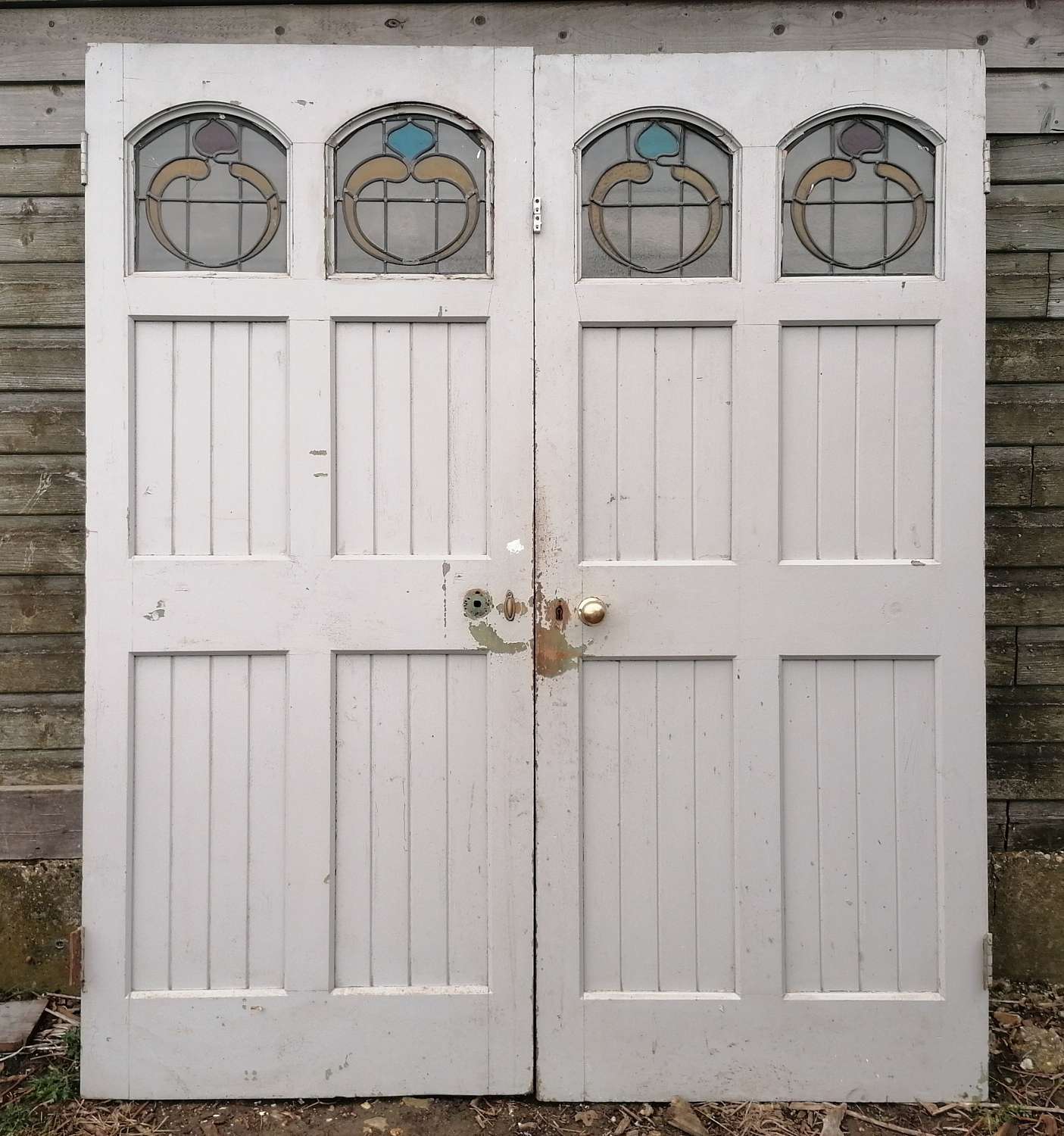 DP0380 PAIR OF RECLAIMED PINE INTERNAL DOORS ART NOUVEAU STAINED GLASS