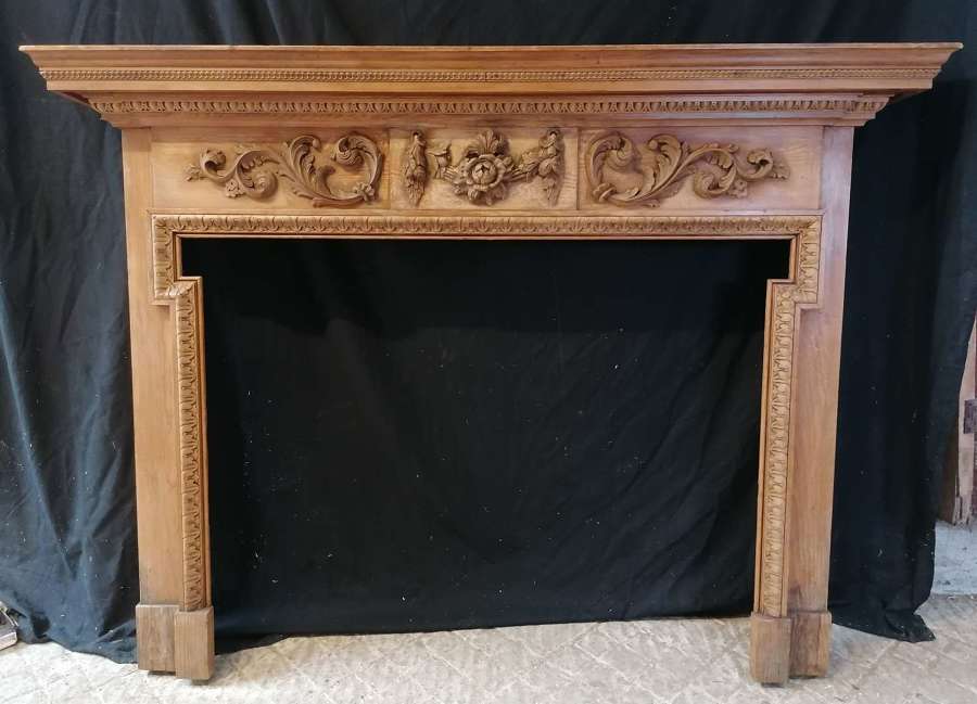 FS0205 RECLAIMED MID CENTURY DECORATIVE CARVED PINE FIRE SURROUND