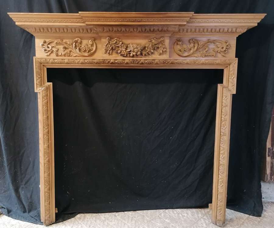 FS0206 RECLAIMED MID CENTURY LARGE CARVED PINE FIRE SURROUND