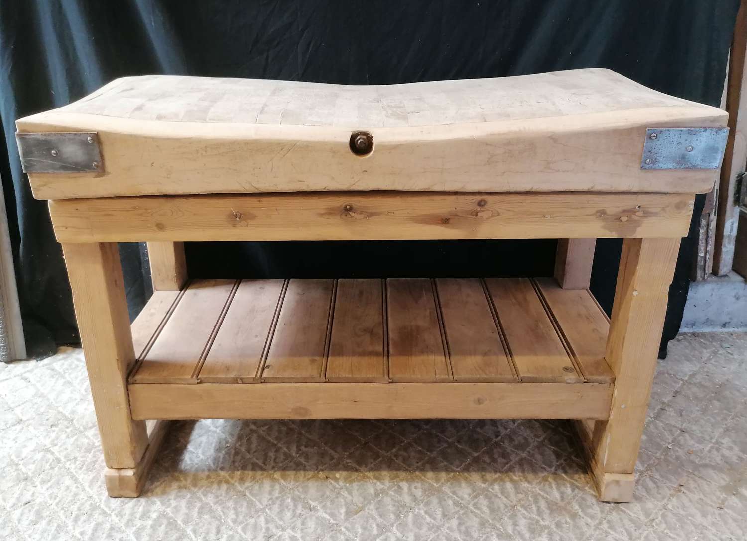 M1629 A RECLAIMED BUTCHERS BLOCK AND VICTORIAN PINE BASE FOR KITCHEN