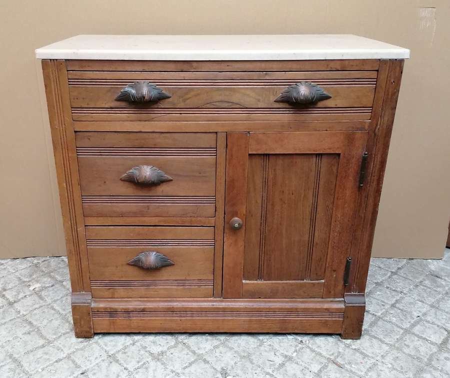 M1645 A RECLAIMED ANTIQUE MARBLE TOPPED WOODEN WASHSTAND/ CABINET