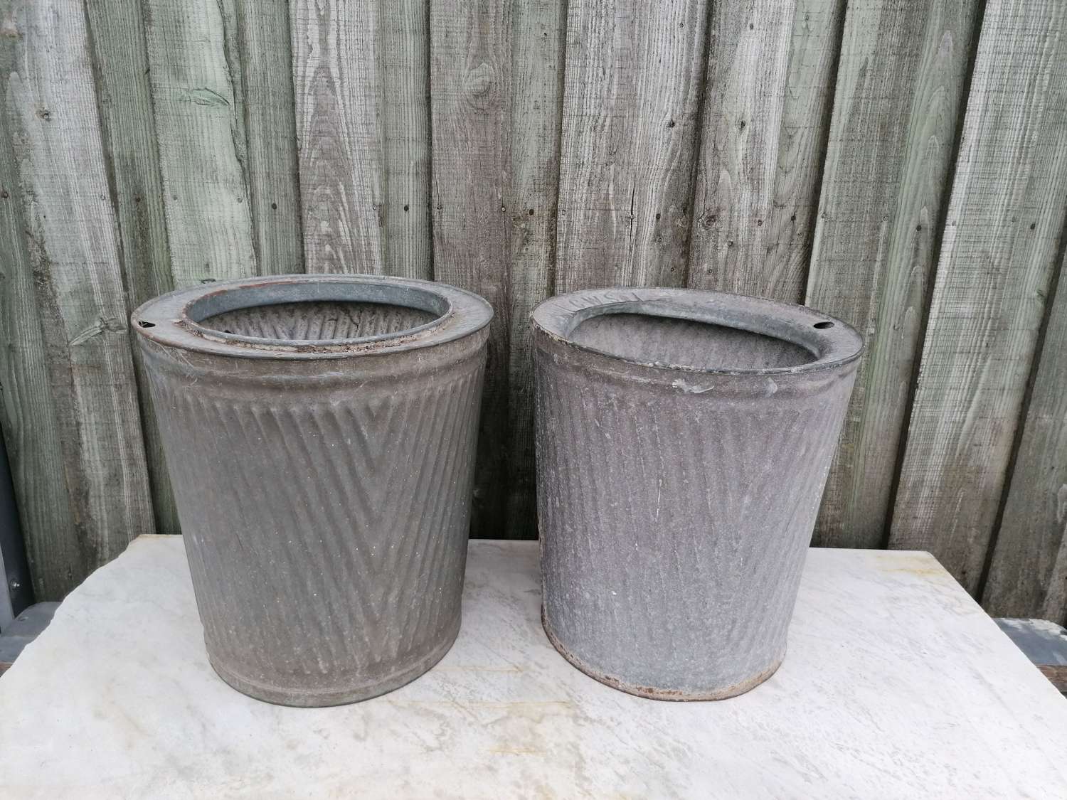 M1662 A PAIR OF RECLAIMED GALVANISED DOLLY PLANTERS FOR GARDEN / PATIO