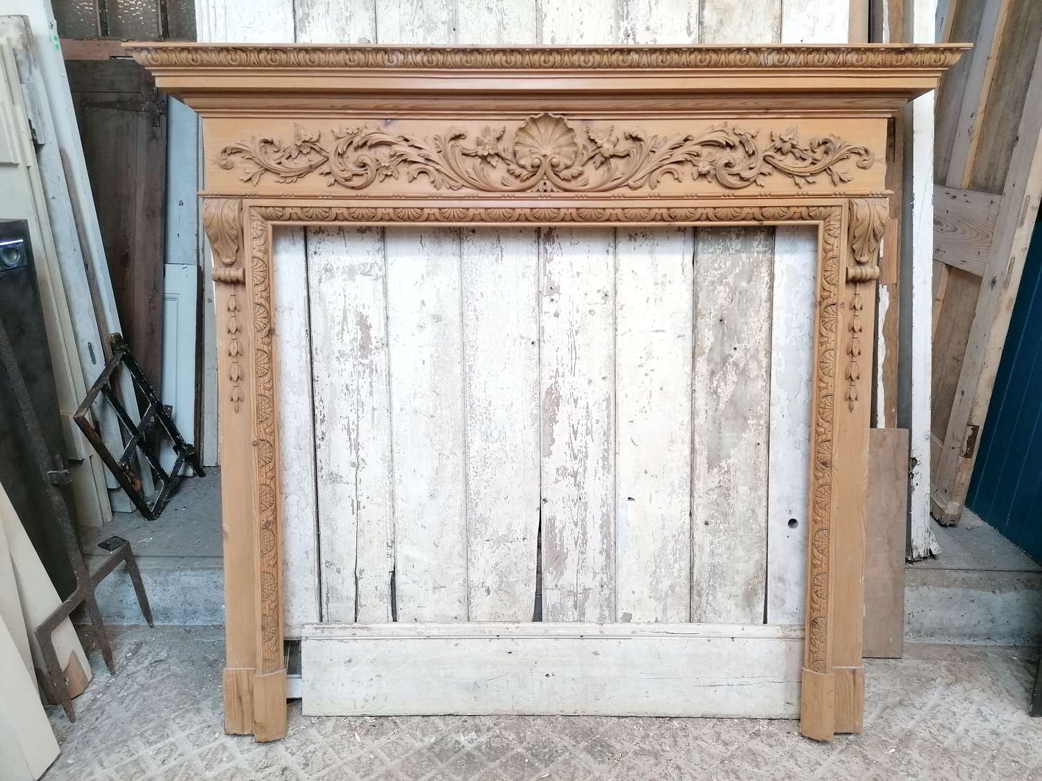 FS0215 RECLAIMED TALL DECORATIVE CARVED PINE FIRE SURROUND
