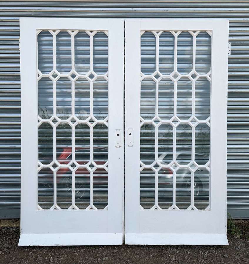 DP0407 TWO RECLAIMED PAINTED PINE & CAST IRON GLAZED DOORS FOR PAIR