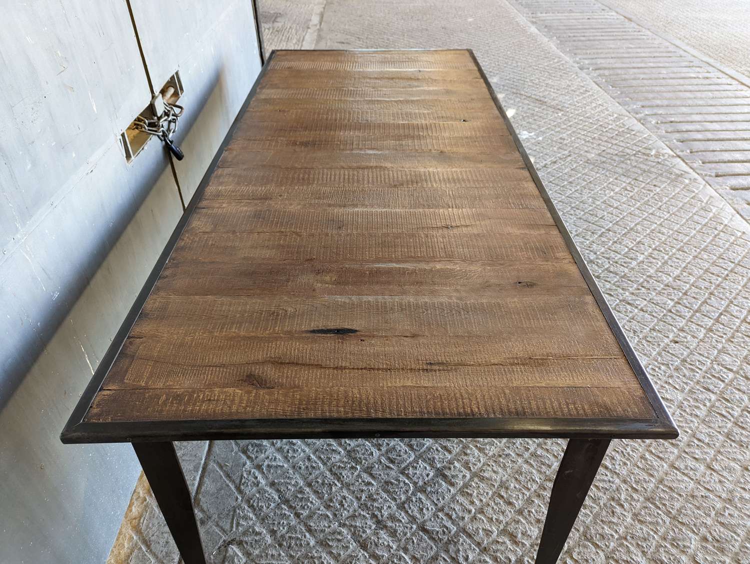 M1726 A UNIQUE 8 SEATER DINING TABLE RECLAIMED OAK METAL BASE