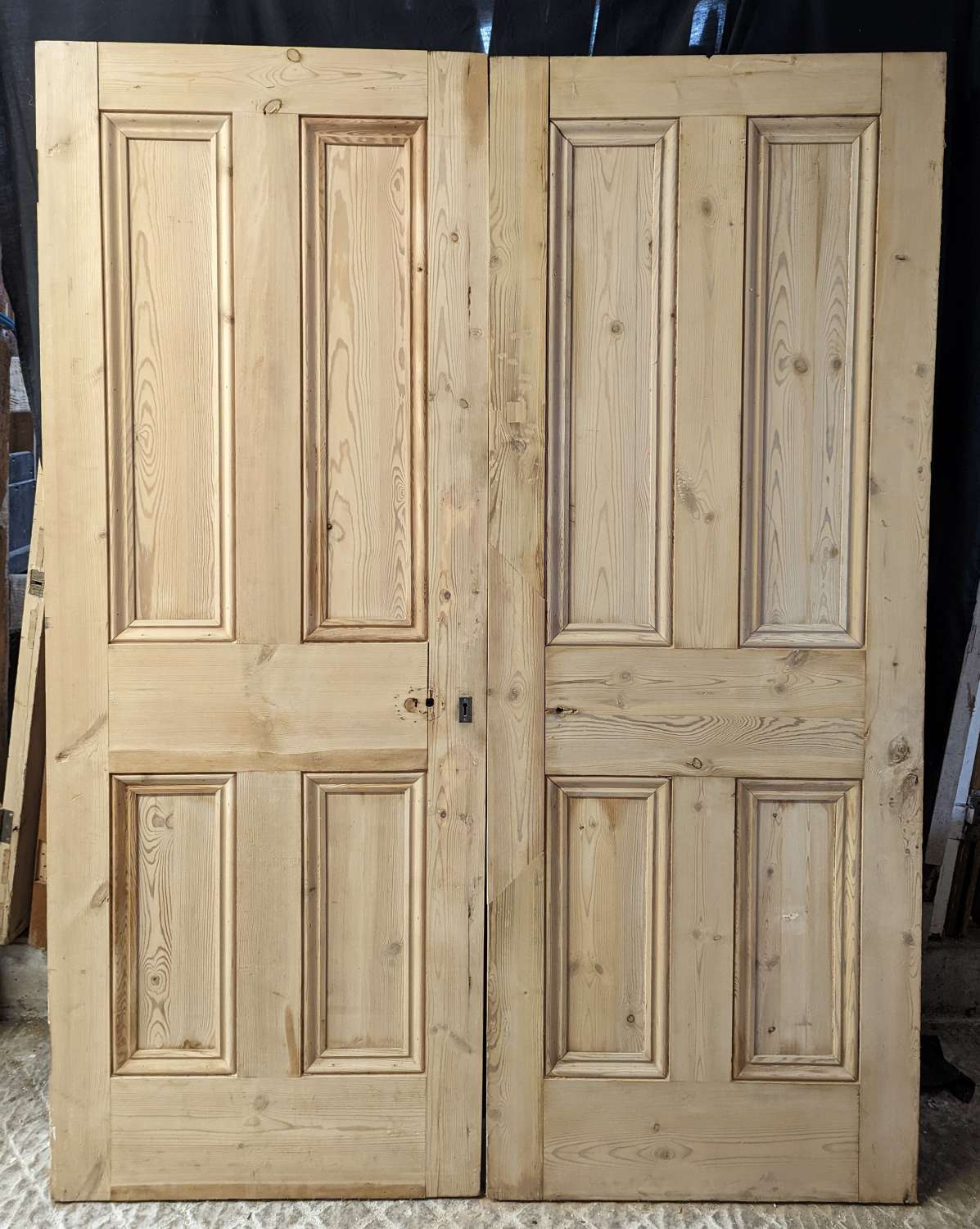 DP0431 TWO RECLAIMED VICTORIAN 4 PANEL STRIPPED PINE DOORS  FOR PAIR