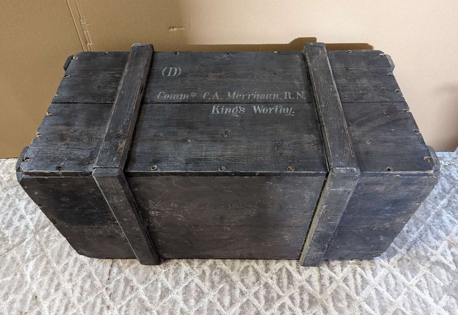 M1801 A RECLAIMED WOODEN TRAVEL BOX / TRUNK BELONGING TO A NAVAL COMM