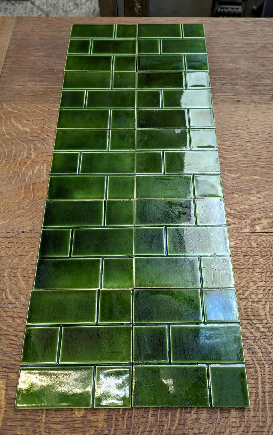 M1829 SET OF 10 RECLAIMED GREEN BRICK STYLE ANTIQUE FIRE TILES