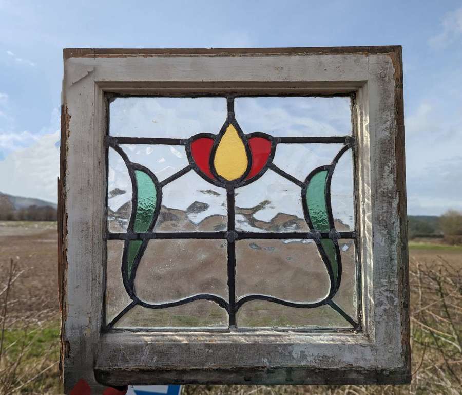 M1836 SIX RECLAIMED STAINED GLASS WINDOWS IN PINE FRAME