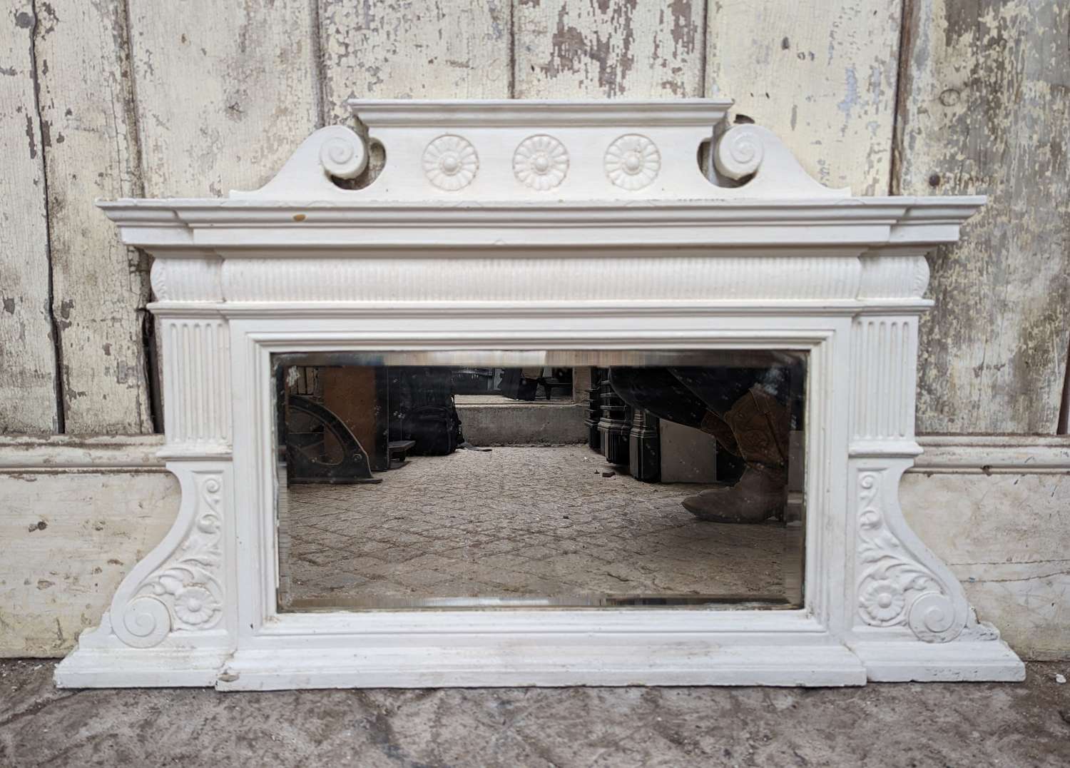 M1844 A RECLAIMED PAINTED CAST IRON OVER MANTEL MIRROR