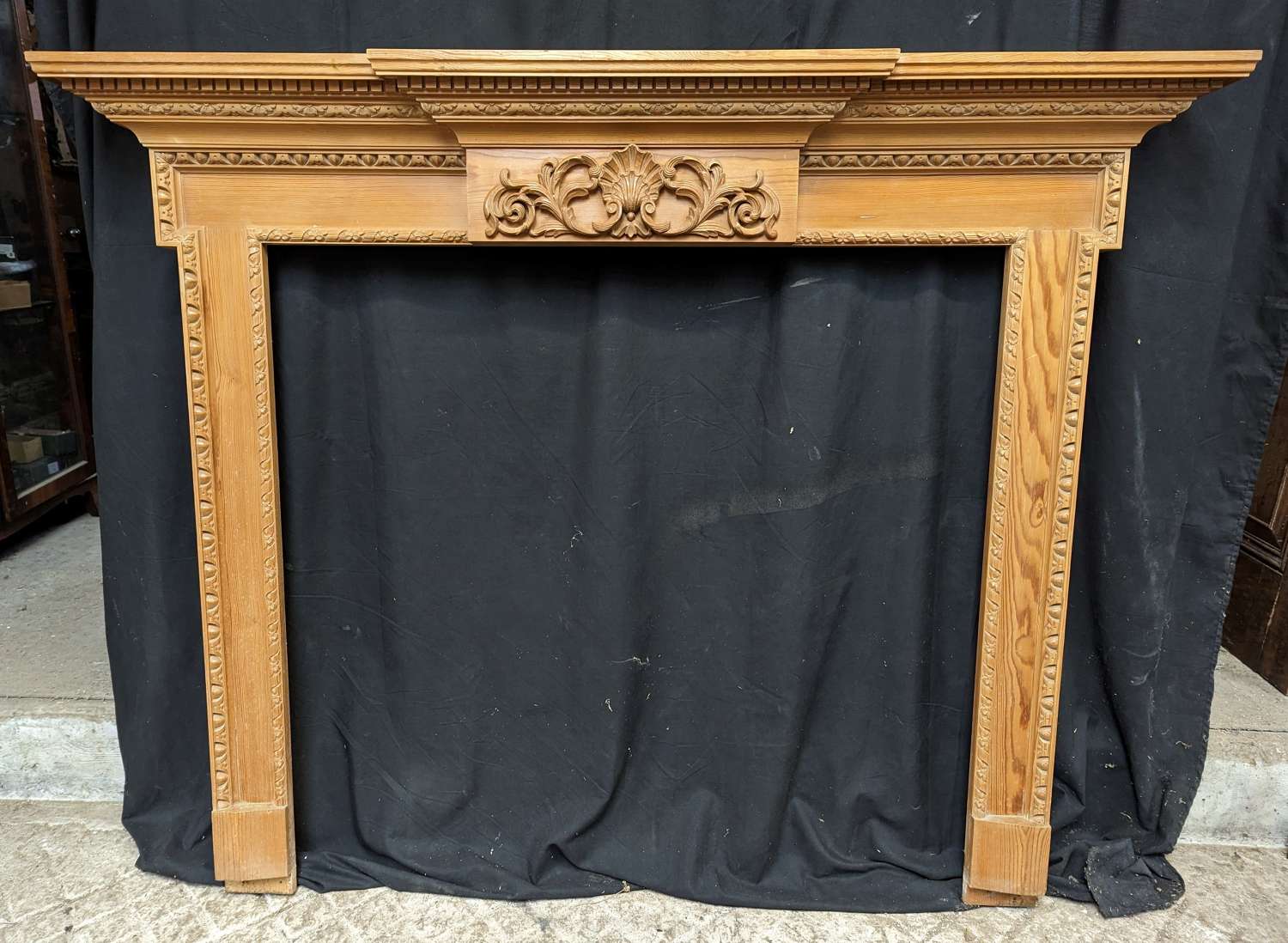 FS0254 RECLAIMED LARGE DECORATIVE CARVED PINE FIRE SURROUND