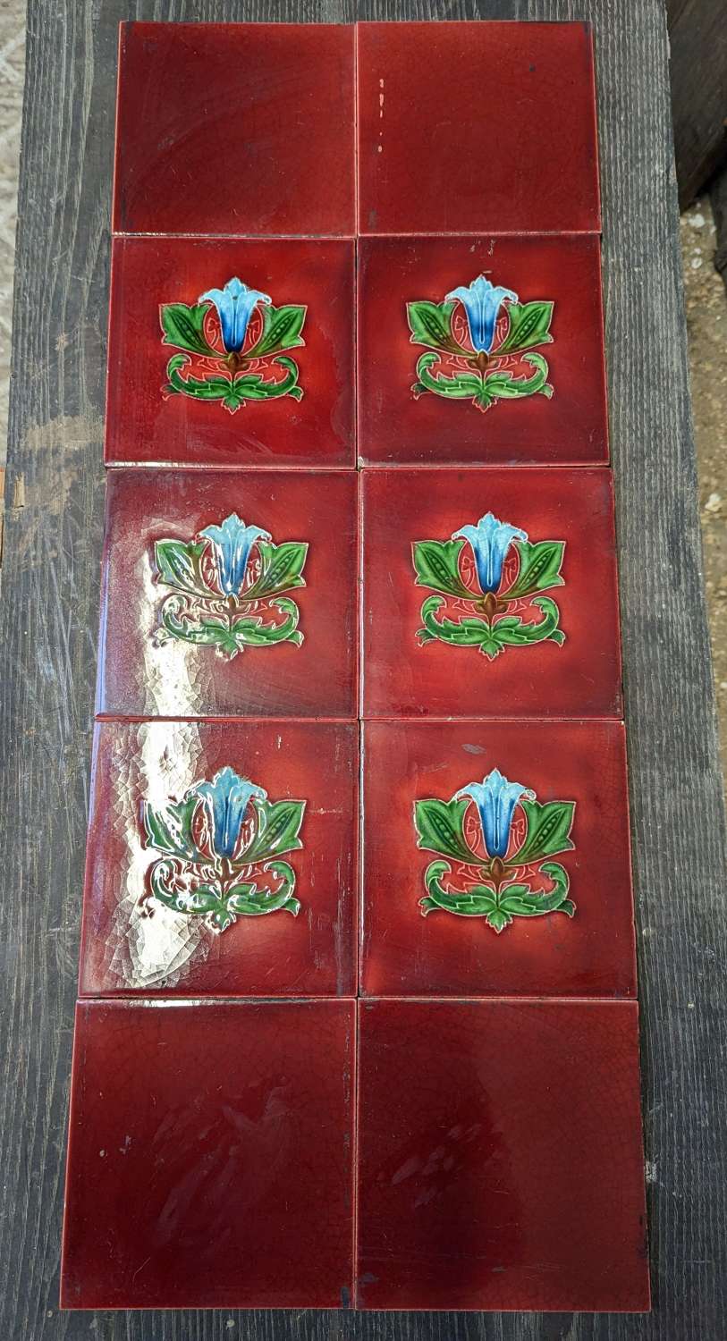 M1856 SET OF 10 RECLAIMED ART NOUVEAU AND RED FIRE TILES