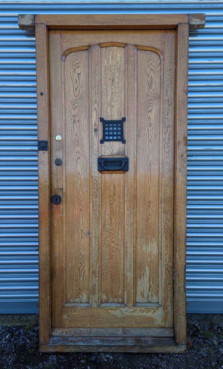 DE0987 HANDSOME RECLAIMED OAK EXTERNAL DOOR WITH FRAME & GLAZED PANEL