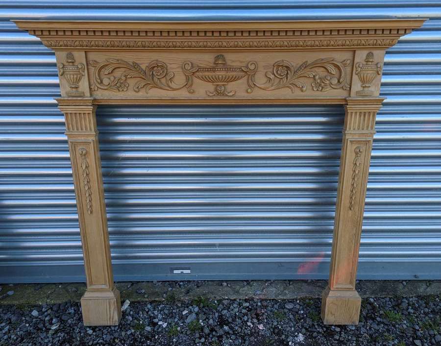 FS0257 RECLAIMED LARGE DECORATIVE CARVED PINE FIRE SURROUND